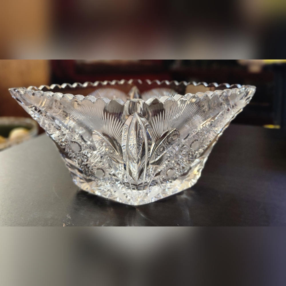 Vintage Heavy Hand Cut Crystal Star Diamond Bowl American Brilliant 10"